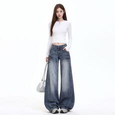 批发深蓝色低腰水洗蓝复古美式喇叭<b class='q'>牛仔裤</b><b class='q'>女</b>秋新款显瘦百搭微喇拖地裤