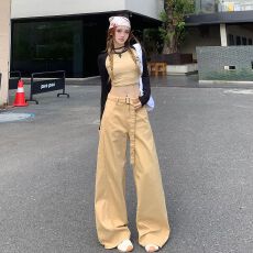 批发美式复古腰带卡其色阔腿<b class='q'>牛仔裤</b><b class='q'>女</b>2025新款高腰宽松显瘦垂感休闲裤