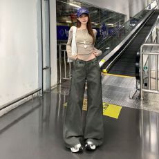 批发美式复古军绿色工装<b class='q'>牛仔裤</b><b class='q'>女</b>2025秋季新款低腰直筒宽松垂感阔腿<b class='q'>裤</b>