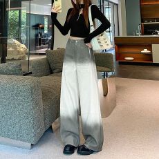 批发撞色渐变时尚潮流新款宽松<b class='q'>休闲</b>直筒阔腿牛仔裤女