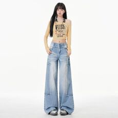 批发2026秋季新款 小众通勤ins设计感阔腿牛仔裤女<b class='q'>春</b>季新款宽松牛仔裤