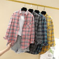 批发65棉格子衬衫女磨毛韩版百搭<b class='q'>春</b>夏上衣宽松港味长袖外套