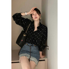批发黑色<b class='q'>波点</b><b class='q'>雪纺</b><b class='q'>衬衫</b>女长袖2026春秋复古设计感高级法式小众独特上衣