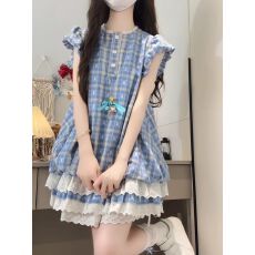 批发法式气质蓝色格子<b class='q'>连衣裙</b>子女初夏季穿搭2026年新款泡泡袖公主短裙