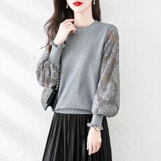批发春秋韩系新款时尚蕾丝镂空拼接<b class='q'>长袖</b>简约针织衫女圆领百搭减龄上衣