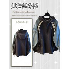 批发欧货设计感小众<b class='q'>牛仔</b>拼接半拉链连帽套头卫<b class='q'>衣外套</b>女秋大版胖mm上衣