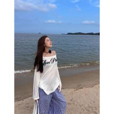 批发斜肩T恤防晒打底衫罩衫透气收腰绑带