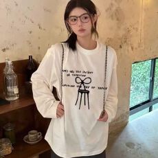 批发印花秋装长袖<b class='q'>T</b><b class='q'>恤</b>女宽松<b class='q'>纯棉</b>圆领上衣