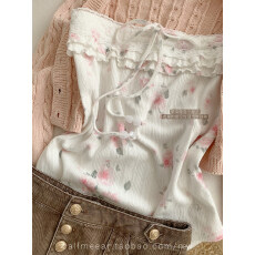 批发已出大货 【印花碎褶挂脖】蕾丝拼接木耳边纯欲抹胸背心<b class='q'>上衣</b>女夏