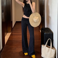 批发已出大货 高个子波点高腰/低腰两穿休闲<b class='q'>裤</b>女夏慵懒遛弯微喇长<b class='q'>裤</b>