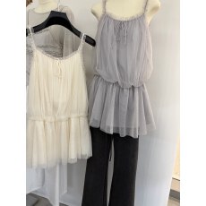 批发已出大货甜美网纱花边白色上衣吊带裙女夏新小个子减龄背心连衣裙