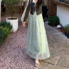 批发已出大货 小个子春夏绿色长款裙子女网纱纱裙新款高腰拼接半身裙