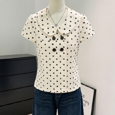 批发实拍 有货曲奇碎卷 <b class='q'>波点</b>娃娃领短袖<b class='q'>衬衫</b>女夏双排扣甜美百搭上衣服
