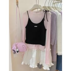 批发温柔风甜美荷叶边长袖<b class='q'>T</b><b class='q'>恤</b>叠穿系带背心吊带两件套女夏季时尚套装