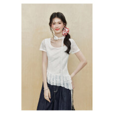 批发已出大货《薄雾玫瑰》法式方领白色<b class='q'>蕾丝</b>花边修身短袖<b class='q'>T</b><b class='q'>恤</b>女夏上衣