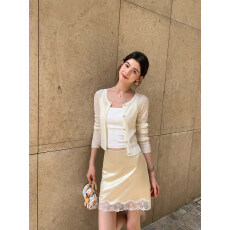 批发已出大货 惬意美感 法式缎面半身裙女设计感蕾丝拼接a字包臀短裙