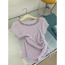 批发已出大货  法式重工镶钻圆领短袖针织衫女夏季款抽褶修身上衣短款