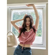 已出大货 夏季系带一字领短款格子衬衫女收腰显瘦气质红色上衣