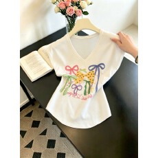 已出大货 韩系蝴蝶结印花V领飞飞袖针织小衫女夏季薄款显瘦上衣