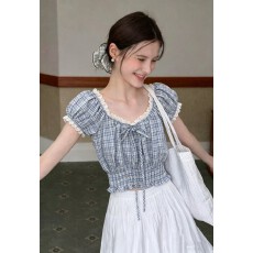 批发已出大货 小清新蕾丝拼接一字领格纹上衣女<b class='q'>夏季</b>短款收腰气质上衣