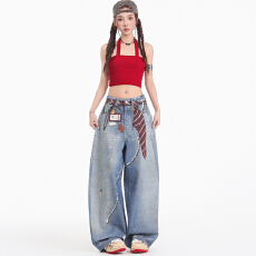 批发春款美式街头复古做旧领带图印哈伦牛仔裤<b class='q'>女</b>士阔腿宽松直筒<b class='q'>长裤</b>子
