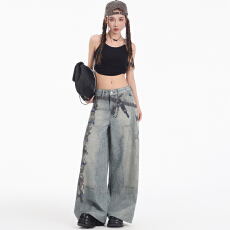 批发春季新品美式街头锁链数码印阔腿牛仔裤<b class='q'>女</b>士宽松直筒百搭休闲<b class='q'>长裤</b>