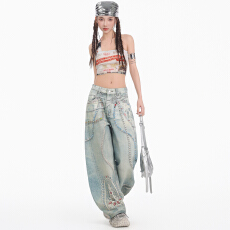 批发春季新款数码图印牛仔裤<b class='q'>女</b>士美式街头弯刀宽松阔腿潮流休闲<b class='q'>长裤</b>子