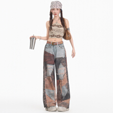 批发春季新品美式街头数码印阔腿牛仔裤<b class='q'>女</b>士宽松直筒显瘦百搭休闲裤子