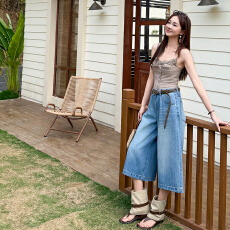 批发春夏美式复古水洗七分牛仔短裤<b class='q'>女</b>士宽松阔腿马裤直筒百搭潮流中裤