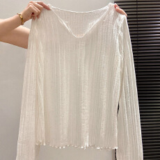 批发官图实价 薄款防晒罩衫女夏微透V领宽松木耳边长袖t恤肌理感上衣