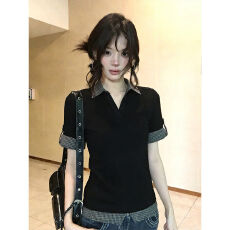 批发官图实价 韩系polo领短袖<b class='q'>t</b><b class='q'>恤</b>女夏季假两件设计感小众修身半袖上衣