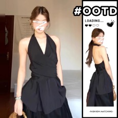 批发官图实价 黑色v领挂脖无袖<b class='q'>衬衫</b>女夏季高级感显瘦收腰系带露背上衣