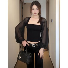 批发官图实价 人棉260克 辣妹网纱拼接灯笼袖<b class='q'>长袖</b><b class='q'>T</b><b class='q'>恤</b>女夏微透上衣女