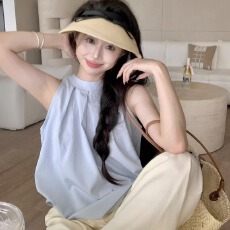 批发官图实价 韩系无袖挂脖衬衫女装夏新款设计感别致褶皱蓝色上衣潮