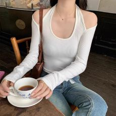 批发官图实价 方领挂脖长袖t恤女春秋韩版纯欲风修身打底衫内搭上衣女