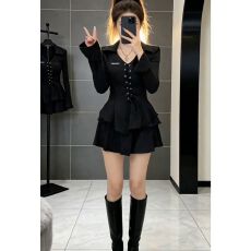 批发官图实价 今年流行小个子穿搭春秋法式不规则上衣女短裙两件套装