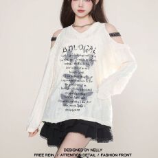 批发官图实价 美式甜酷长袖<b class='q'>T</b><b class='q'>恤</b>女春秋亚文化风设计感宽松露肩上衣女