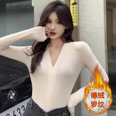 批发官图实价 德绒罗纹 春秋<b class='q'>T</b><b class='q'>恤</b><b class='q'>紧身</b>弹力内打底衫V领长袖高腰上衣女
