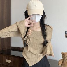 批发官图实价 辣妹一字肩长袖<b class='q'>T</b><b class='q'>恤</b>女春秋款立体<b class='q'>花朵</b>小衫喇叭袖打底上衣