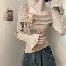 批发官图实价 一字肩喇叭袖打底衫女春秋不规则内搭修身温柔<b class='q'>花朵</b>上衣