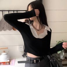 批发官图实价 假两件短款长袖<b class='q'>T</b><b class='q'>恤</b>女春秋季拼接<b class='q'>气质</b>辣妹上衣简约<b class='q'>衬衫</b>