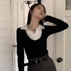批发官图实价 假两件短款长袖<b class='q'>T</b><b class='q'>恤</b>女春秋季拼接<b class='q'>气质</b>辣妹上衣简约<b class='q'>衬衫</b>