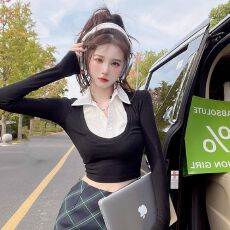 批发官图实价 假两件短款长袖<b class='q'>T</b><b class='q'>恤</b>女秋季拼接<b class='q'>气质</b>辣妹上衣简约<b class='q'>衬衫</b>
