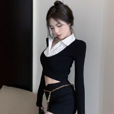 批发官图实价 假两件短款长袖<b class='q'>T</b><b class='q'>恤</b>女春秋季拼接<b class='q'>气质</b>辣妹上衣简约<b class='q'>衬衫</b>
