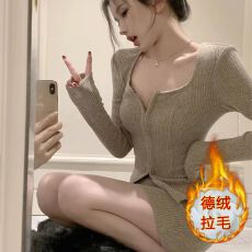 批发官图实价 上衣+短袖套装甜辣妹方领长袖<b class='q'>针织</b><b class='q'>开衫</b>女春秋新款打底衫