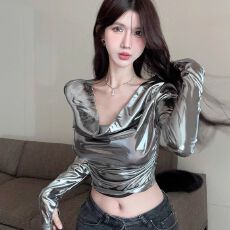 批发官图实价 纯欲辣妹<b class='q'>夜店</b>风上衣女春秋美式亮面长袖t恤打底衫内搭