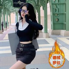 批发官图实价 德绒假两件短款长袖T恤<b class='q'>女</b>秋冬拼接气质辣妹内搭上衣<b class='q'>衬衫</b>