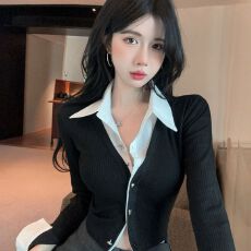 批发官图实价 春秋季jk制服女甜辣性感长袖假两件上衣修身拼色衬衣衫