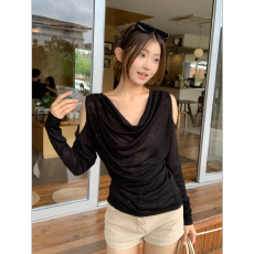 批发官图实价 雪花棉百搭长袖 <b class='q'>T</b> <b class='q'>恤</b>女春秋韩系温柔<b class='q'>漏肩</b>荡领女装上衣
