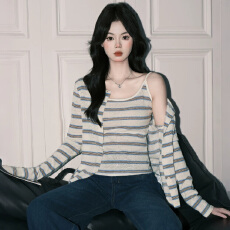 批发官图实价 原版懒人棉 条纹针织开衫女秋冬<b class='q'>吊带</b><b class='q'>背心</b>上衣<b class='q'>打底</b>两件套